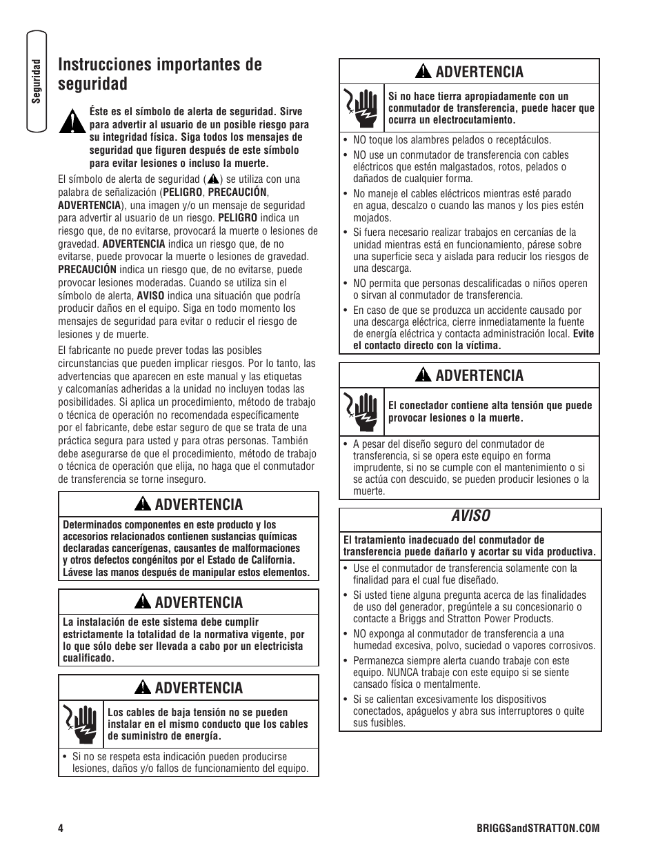 Instrucciones importantes de seguridad, Advertencia, Aviso | Briggs & Stratton Automatic Transfer Switch User Manual | Page 18 / 40