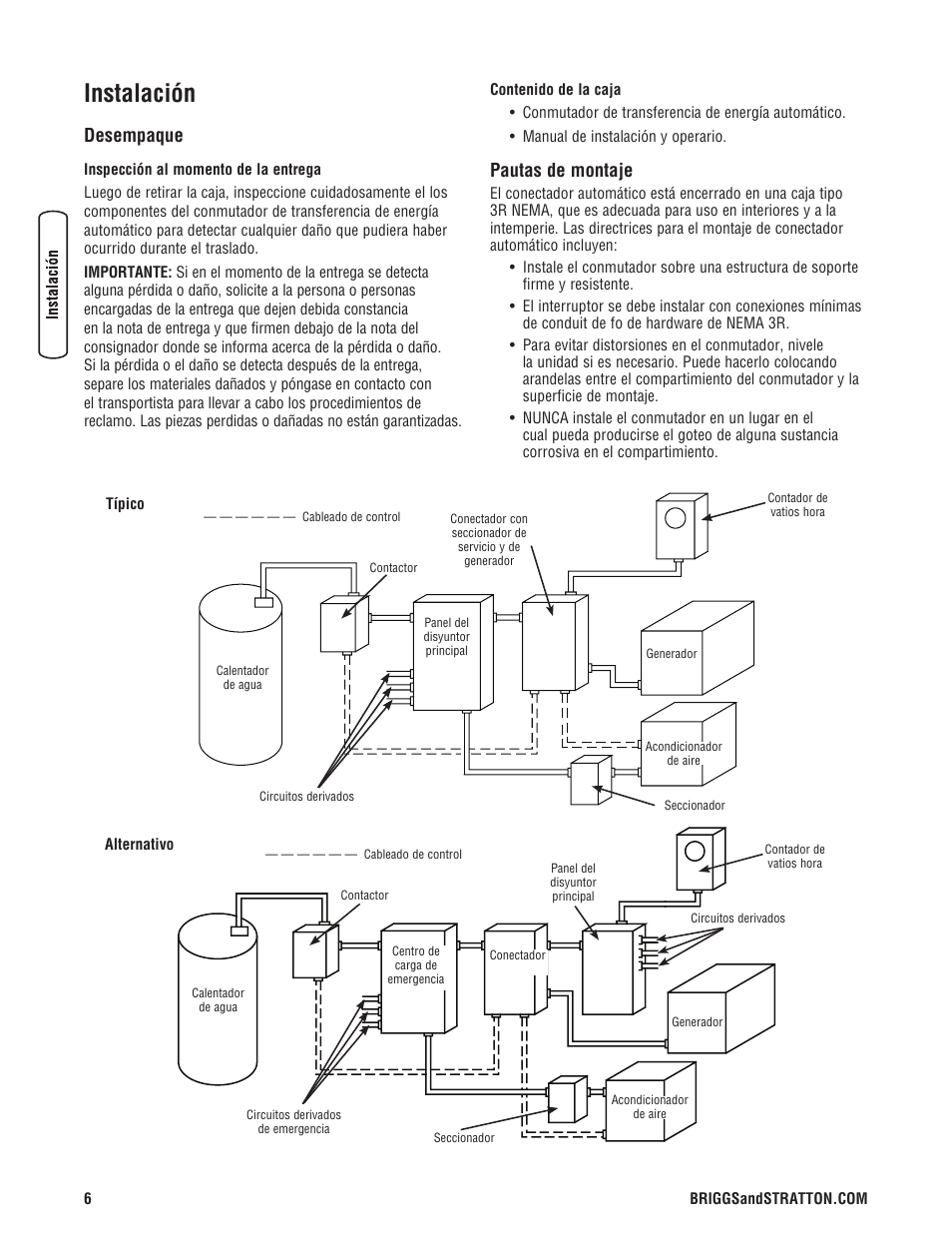 Instalación, Desempaque, Pautas de montaje | Briggs & Stratton Automatic Transfer Switch User Manual | Page 20 / 40