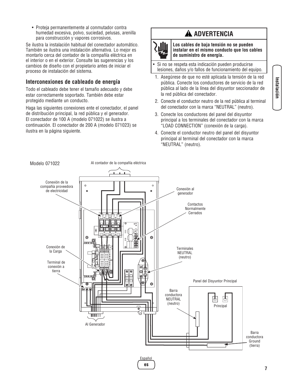 Advertencia, Interconexiones de cableado de energía | Briggs & Stratton Automatic Transfer Switch User Manual | Page 21 / 40