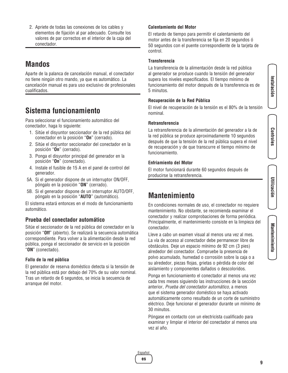 Mandos, Sistema funcionamiento, Mantenimiento | Briggs & Stratton Automatic Transfer Switch User Manual | Page 23 / 40