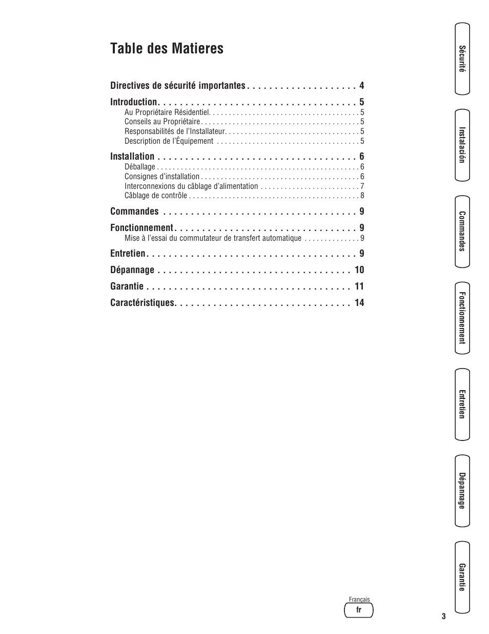 Table des matieres | Briggs & Stratton Automatic Transfer Switch User Manual | Page 29 / 40