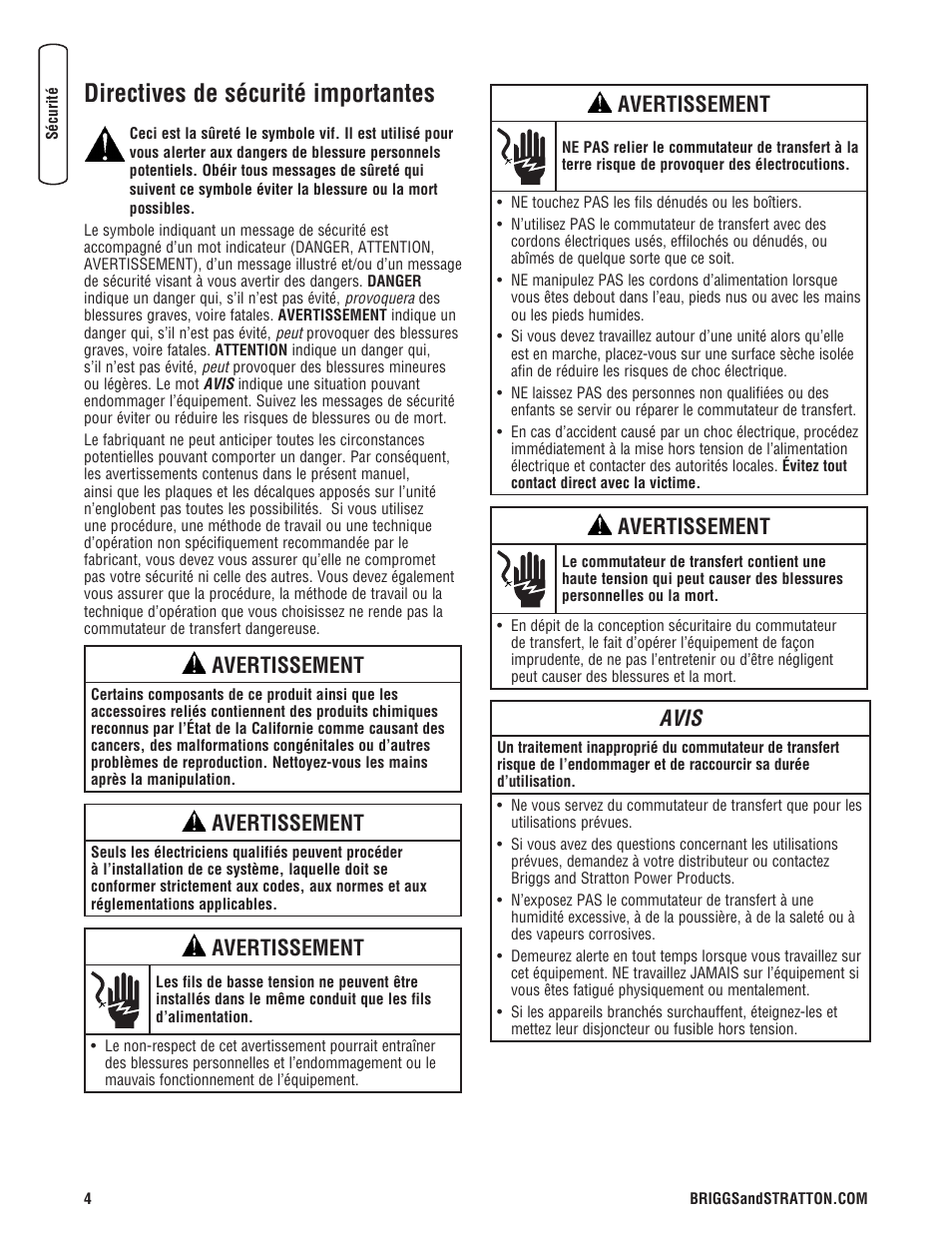 Directives de sécurité importantes, Avertissement, Avis | Briggs & Stratton Automatic Transfer Switch User Manual | Page 30 / 40