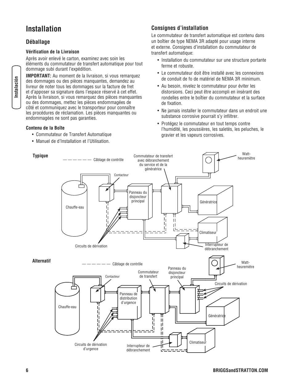 Installation, Déballage, Consignes d’installation | Briggs & Stratton Automatic Transfer Switch User Manual | Page 32 / 40
