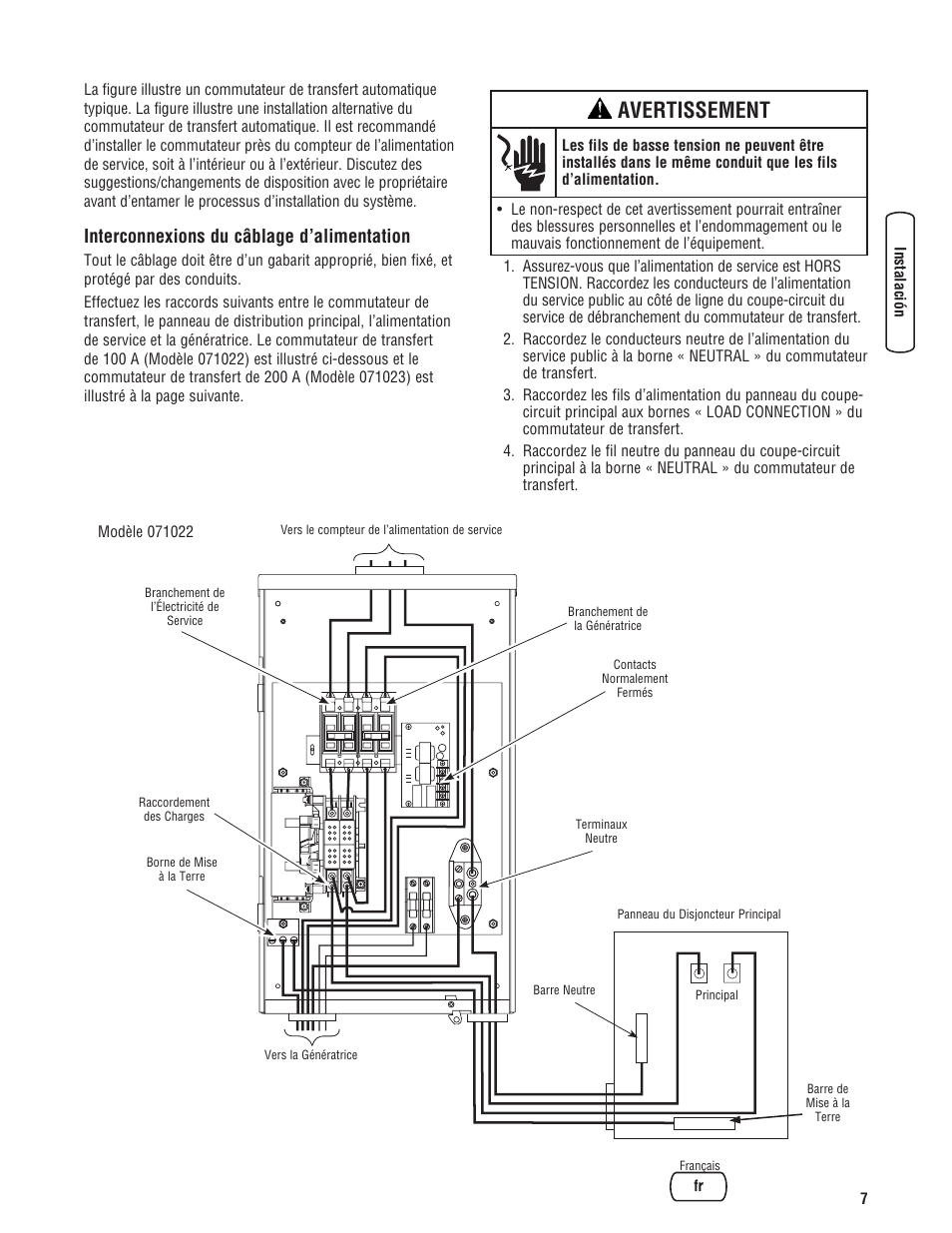 Avertissement, Interconnexions du câblage d’alimentation | Briggs & Stratton Automatic Transfer Switch User Manual | Page 33 / 40
