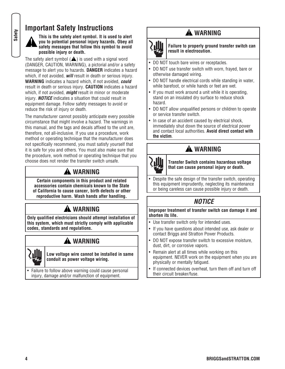 Important safety instructions, Warning, Notice | Briggs & Stratton Automatic Transfer Switch User Manual | Page 4 / 40