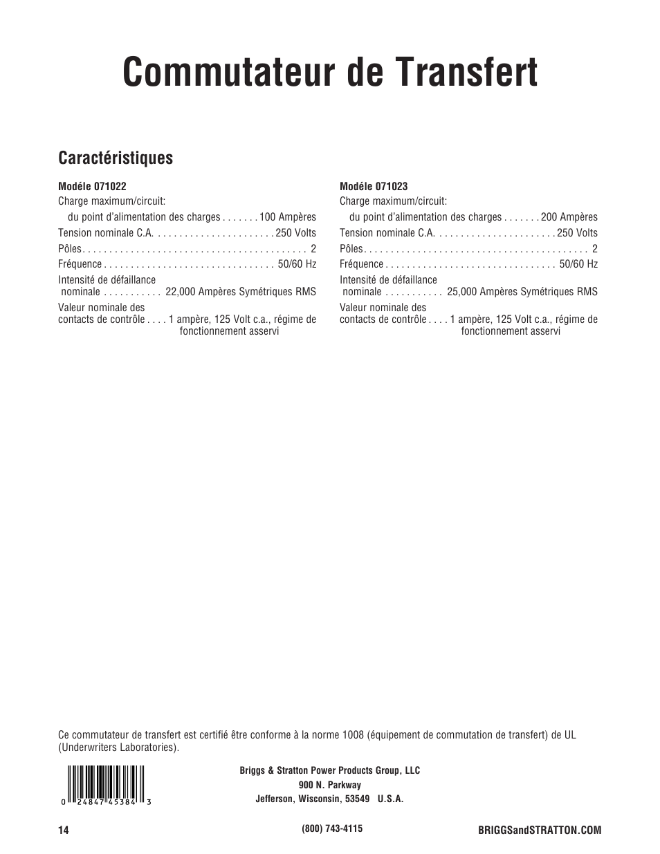Commutateur de transfert, Caractéristiques | Briggs & Stratton Automatic Transfer Switch User Manual | Page 40 / 40