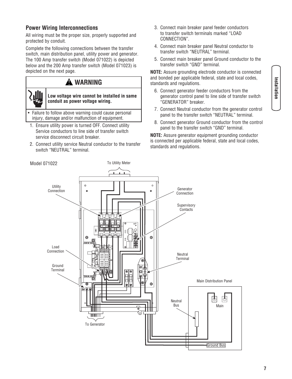 Warning, Power wiring interconnections | Briggs & Stratton Automatic Transfer Switch User Manual | Page 7 / 40