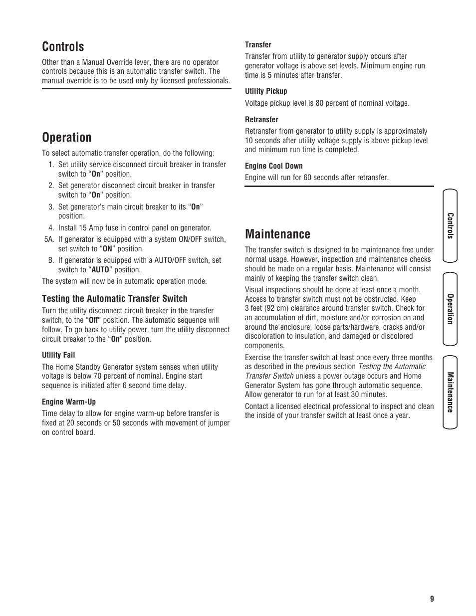 Controls, Operation, Maintenance | Briggs & Stratton Automatic Transfer Switch User Manual | Page 9 / 40