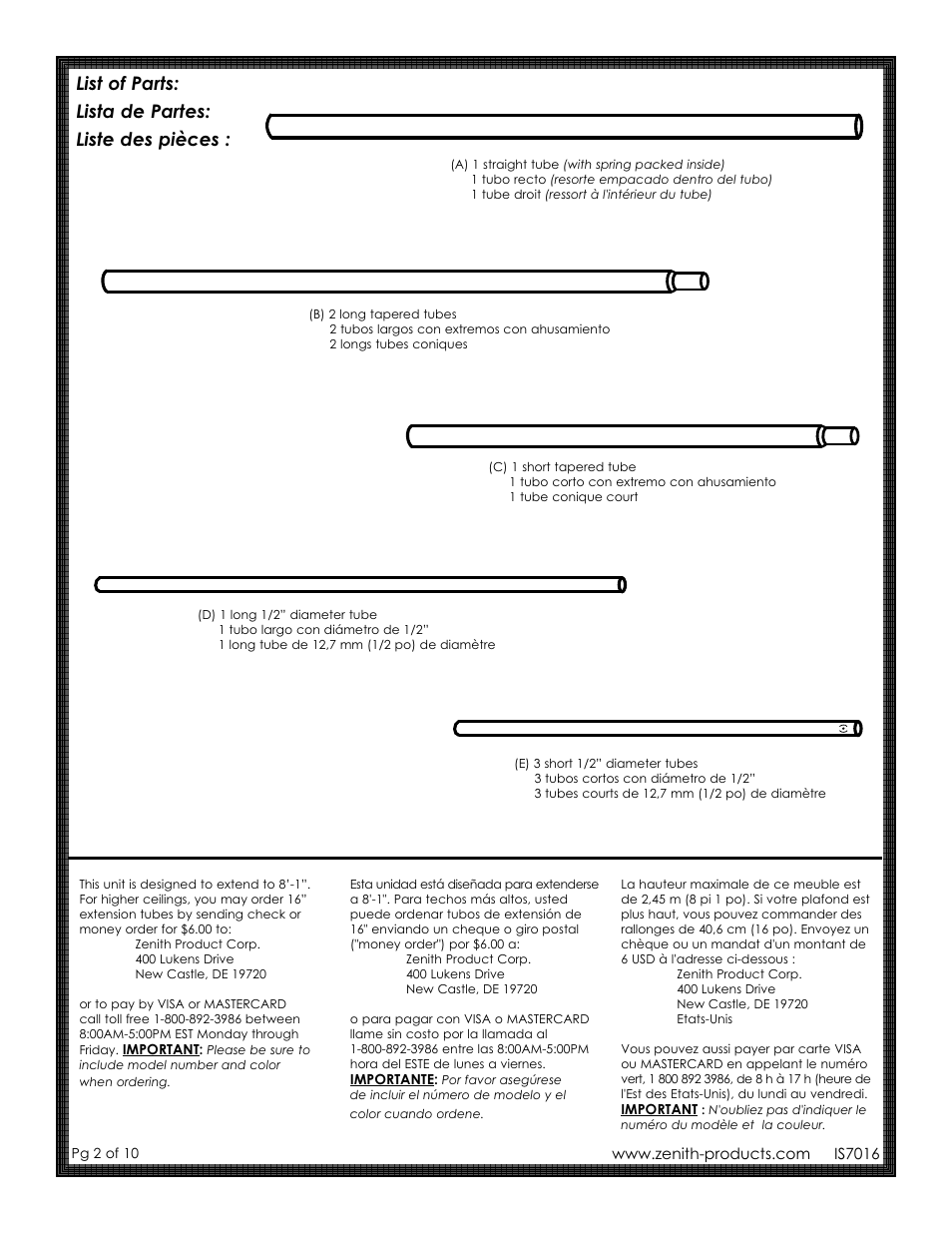 List of parts: lista de partes: liste des pièces | ZPC 7013WP User Manual | Page 2 / 10