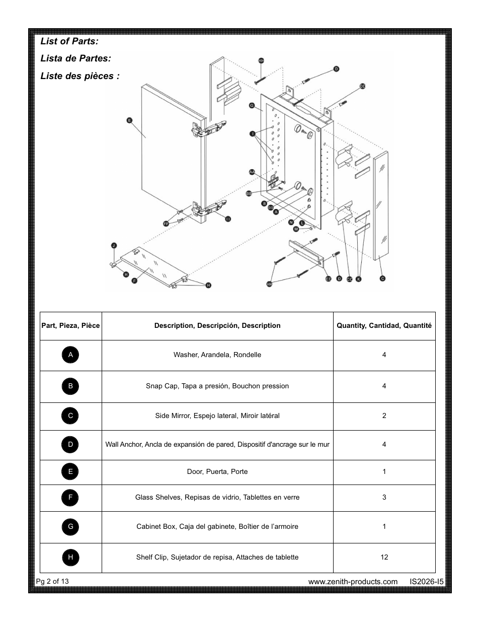 List of parts: lista de partes: liste des pièces | ZPC MRA2026 User Manual | Page 2 / 13