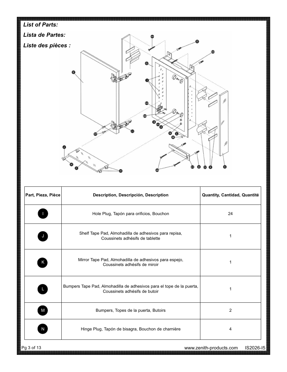 List of parts: lista de partes: liste des pièces | ZPC MRA2026 User Manual | Page 3 / 13