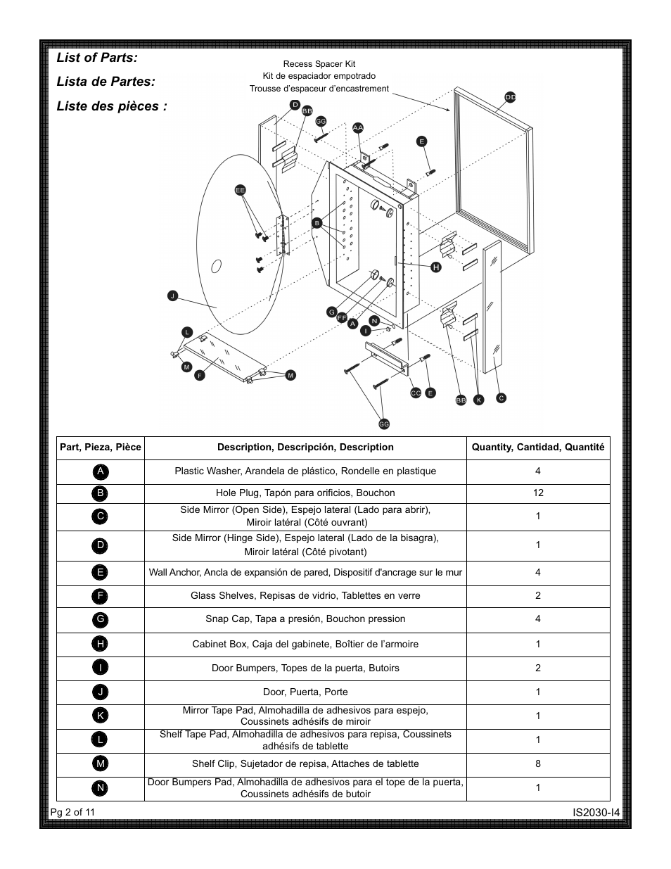 List of parts: lista de partes: liste des pièces | ZPC MVA2030 User Manual | Page 2 / 11