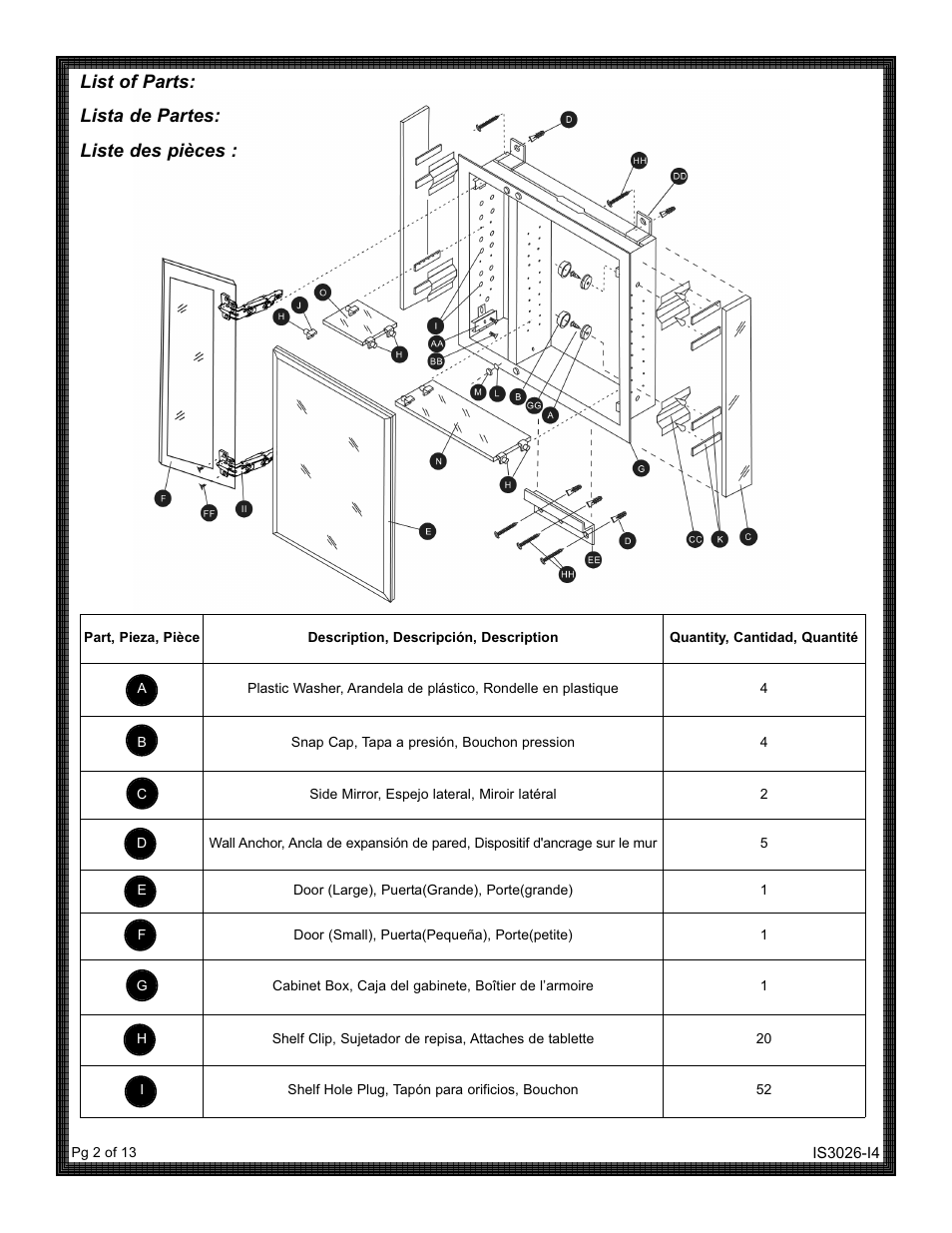 List of parts: lista de partes: liste des pièces | ZPC MBA3026 User Manual | Page 2 / 13