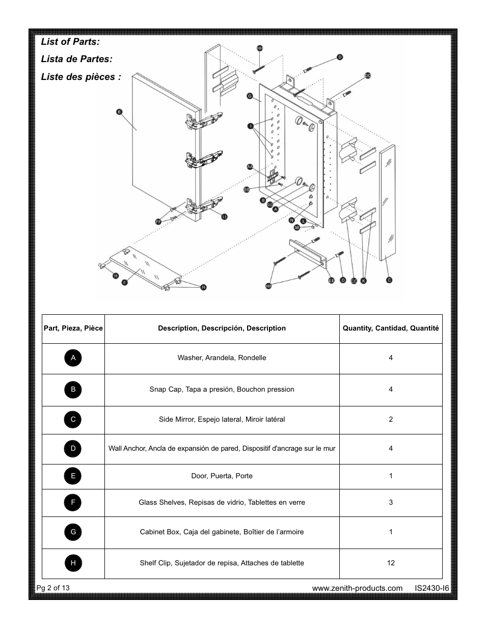 List of parts: lista de partes: liste des pièces | ZPC MRA2430 User Manual | Page 2 / 13