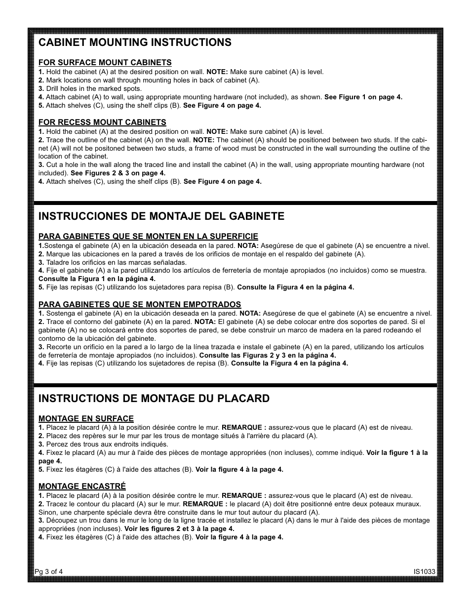 Cabinet mounting instructions, Instrucciones de montaje del gabinete, Instructions de montage du placard | ZPC MM1030 User Manual | Page 3 / 4