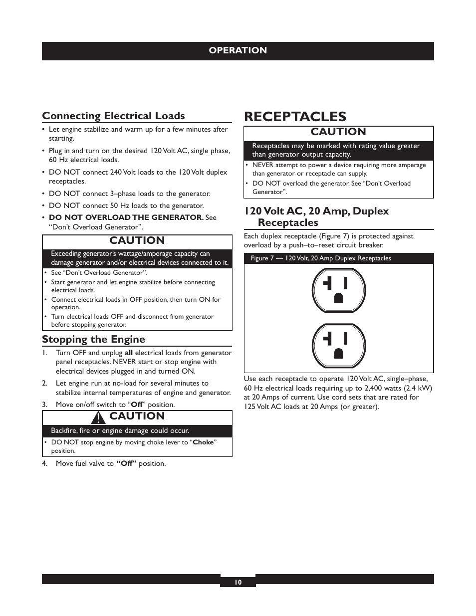 Receptacles, Connecting electrical loads, Stopping the engine | Caution | Briggs & Stratton 030320 User Manual | Page 10 / 44