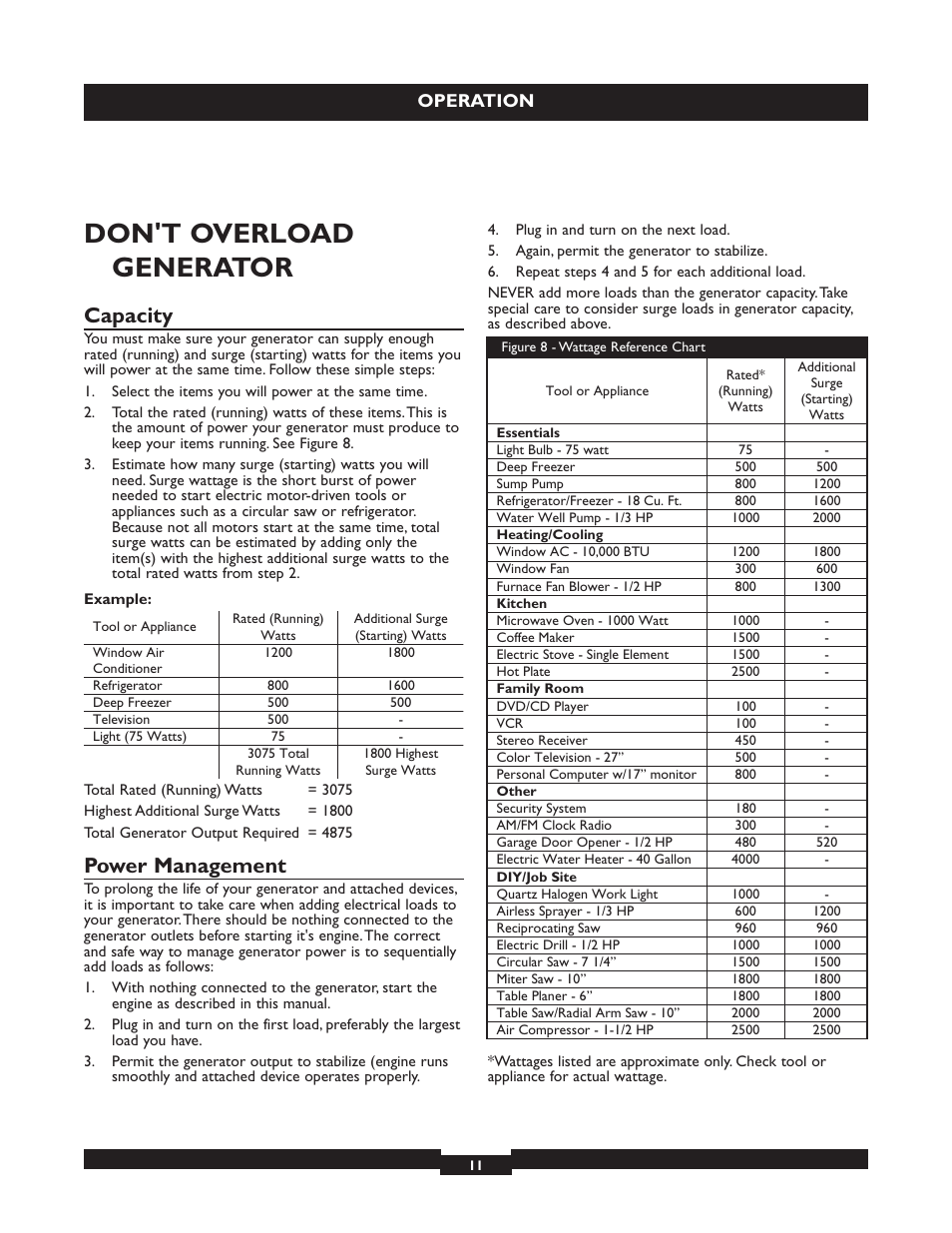 Don't overload generator, Capacity, Power management | Operation | Briggs & Stratton 030320 User Manual | Page 11 / 44