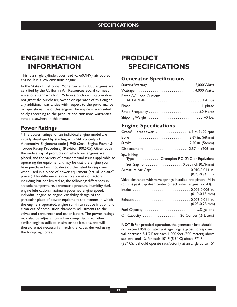 Engine technical information, Product specifications, Power ratings | Generator specifications, Engine specifications | Briggs & Stratton 030320 User Manual | Page 12 / 44