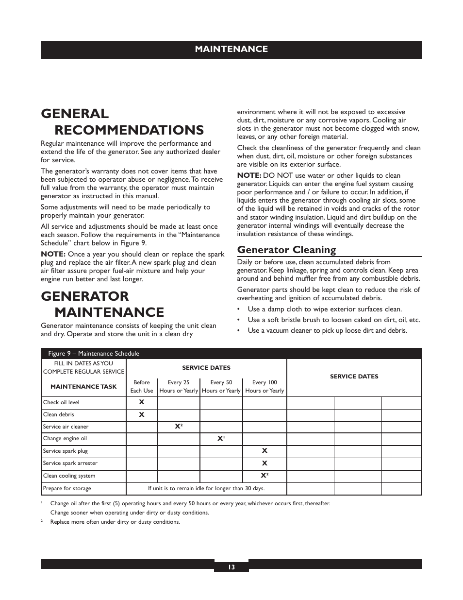 General recommendations, Generator maintenance, Generator cleaning | Maintenance | Briggs & Stratton 030320 User Manual | Page 13 / 44