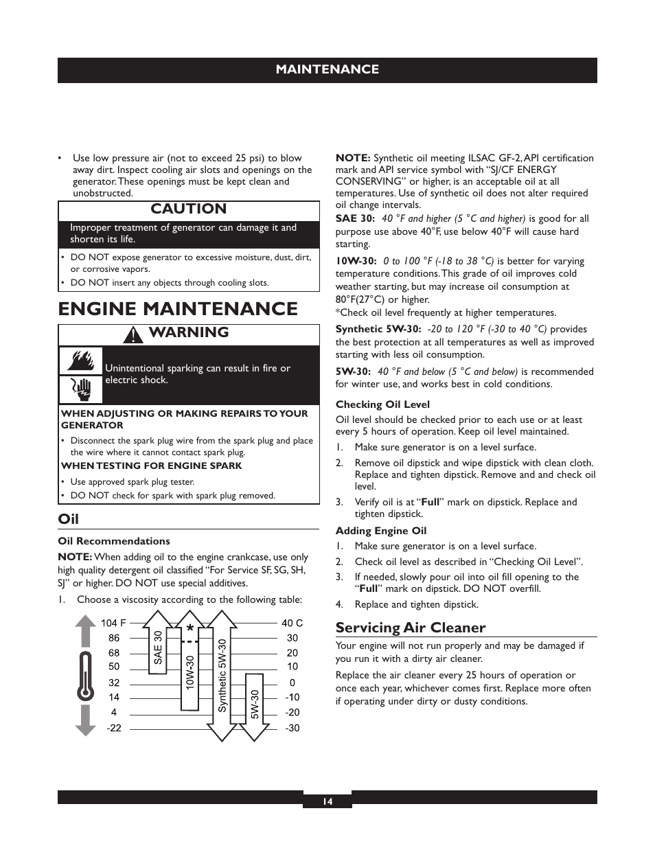 Engine maintenance, Servicing air cleaner, Caution | Warning | Briggs & Stratton 030320 User Manual | Page 14 / 44