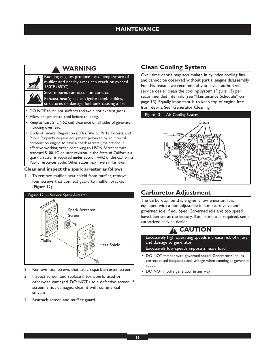 Clean cooling system, Carburetor adjustment, Warning | Caution | Briggs & Stratton 030320 User Manual | Page 16 / 44