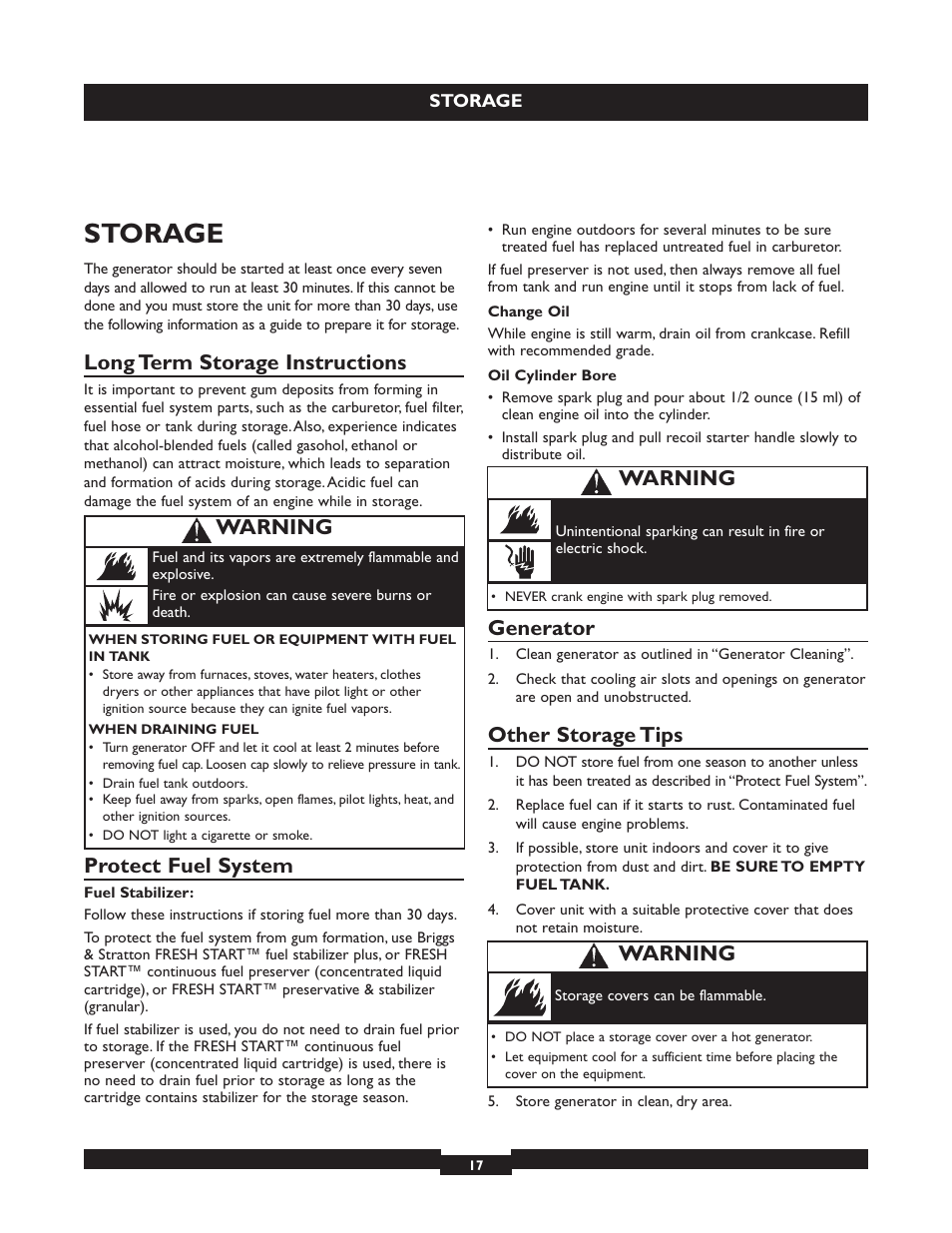 Storage, Long term storage instructions, Protect fuel system | Generator, Other storage tips, Warning | Briggs & Stratton 030320 User Manual | Page 17 / 44