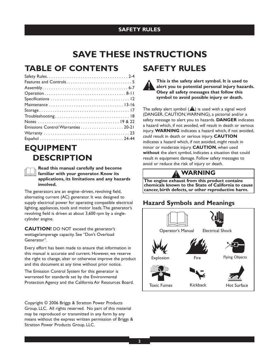 Briggs & Stratton 030320 User Manual | Page 2 / 44