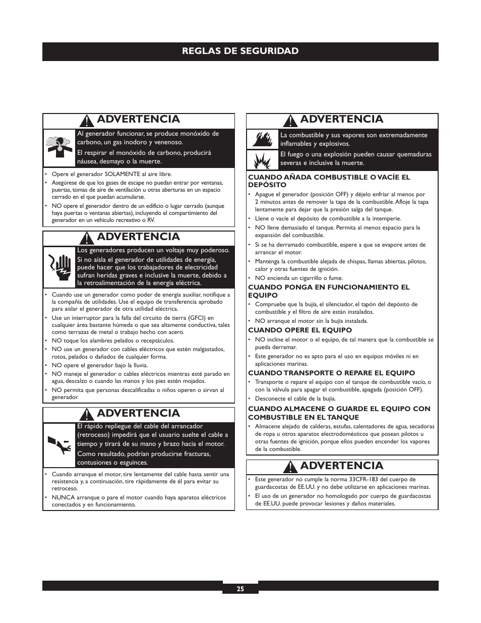 Advertencia, Reglas de seguridad | Briggs & Stratton 030320 User Manual | Page 25 / 44