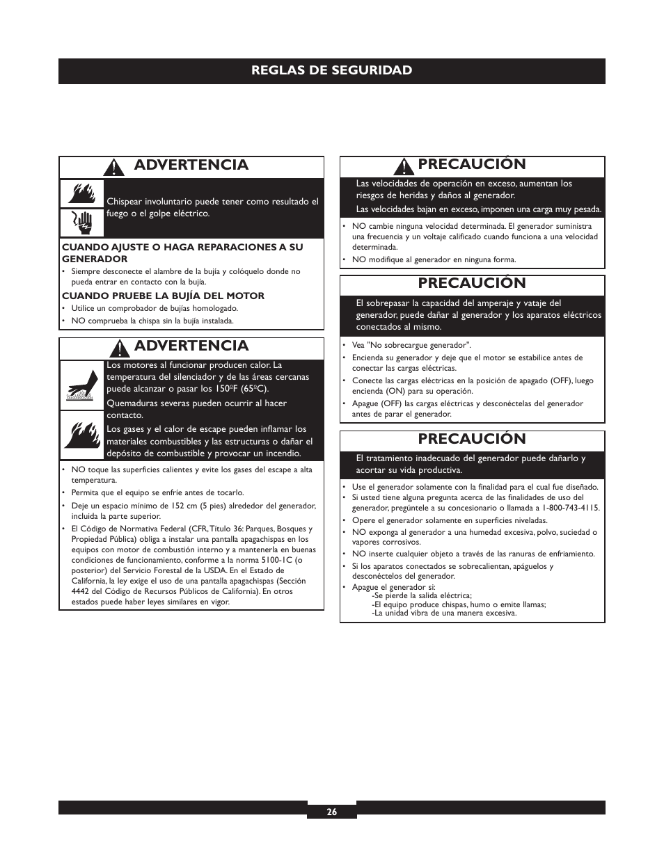 Precaución, Advertencia, Reglas de seguridad | Briggs & Stratton 030320 User Manual | Page 26 / 44