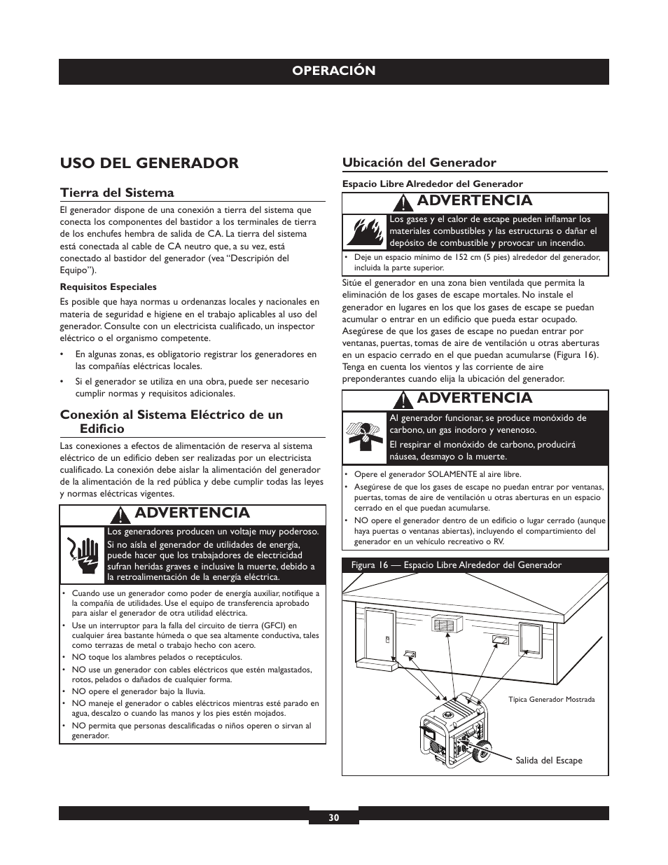 Uso del generador, Advertencia, Operación | Tierra del sistema, Conexión al sistema eléctrico de un edificio, Ubicación del generador | Briggs & Stratton 030320 User Manual | Page 30 / 44