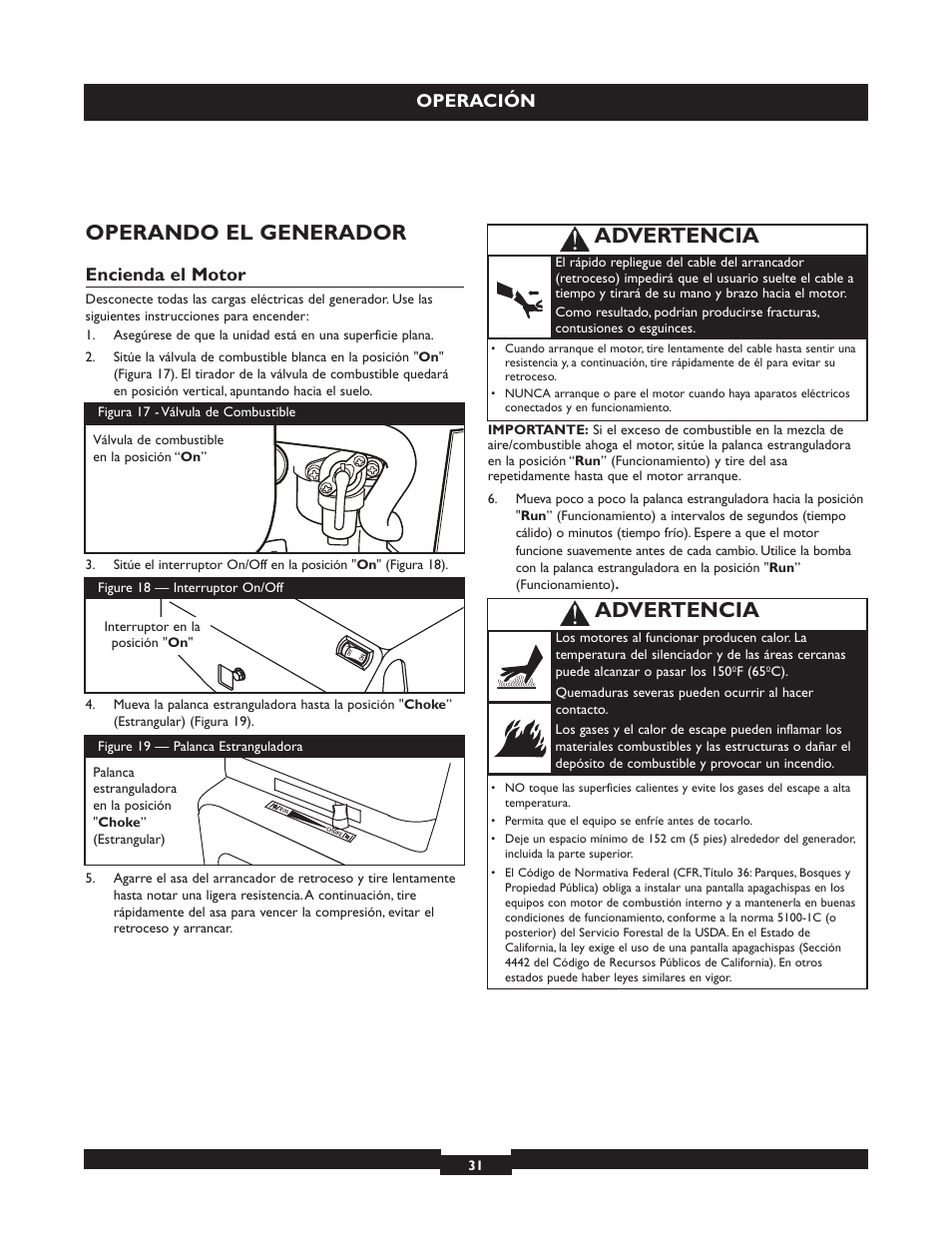 Operando el generador, Advertencia, Operación | Encienda el motor | Briggs & Stratton 030320 User Manual | Page 31 / 44