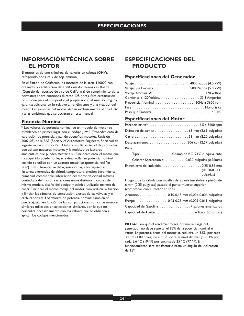 Información técnica sobre el motor, Especificaciones del producto | Briggs & Stratton 030320 User Manual | Page 34 / 44