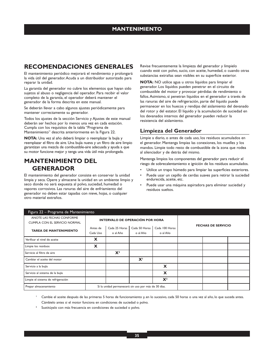 Recomendaciones generales, Mantenimiento del generador, Mantenimiento | Limpieza del generador | Briggs & Stratton 030320 User Manual | Page 35 / 44