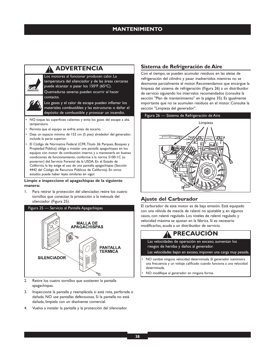 Precaución, Advertencia, Mantenimiento | Sistema de refrigeración de aire, Ajuste del carburador | Briggs & Stratton 030320 User Manual | Page 38 / 44