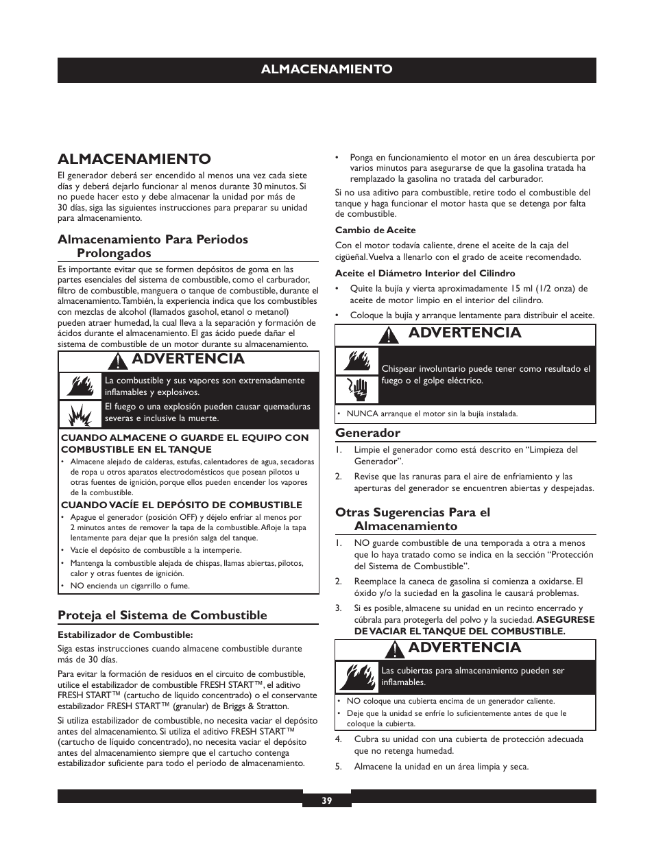 Advertencia, Almacenamiento, Almacenamiento para periodos prolongados | Proteja el sistema de combustible, Generador, Otras sugerencias para el almacenamiento | Briggs & Stratton 030320 User Manual | Page 39 / 44