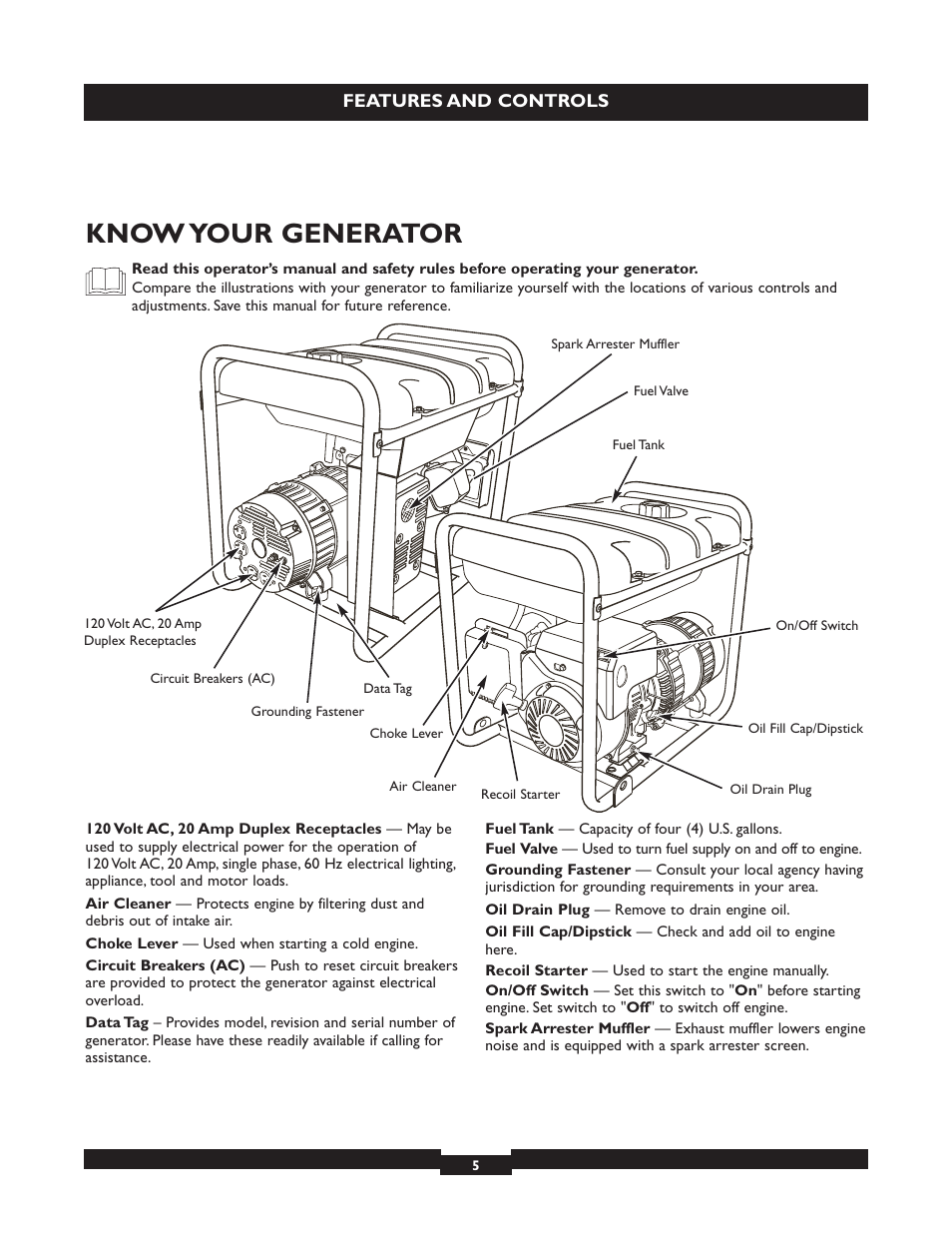 Know your generator | Briggs & Stratton 030320 User Manual | Page 5 / 44