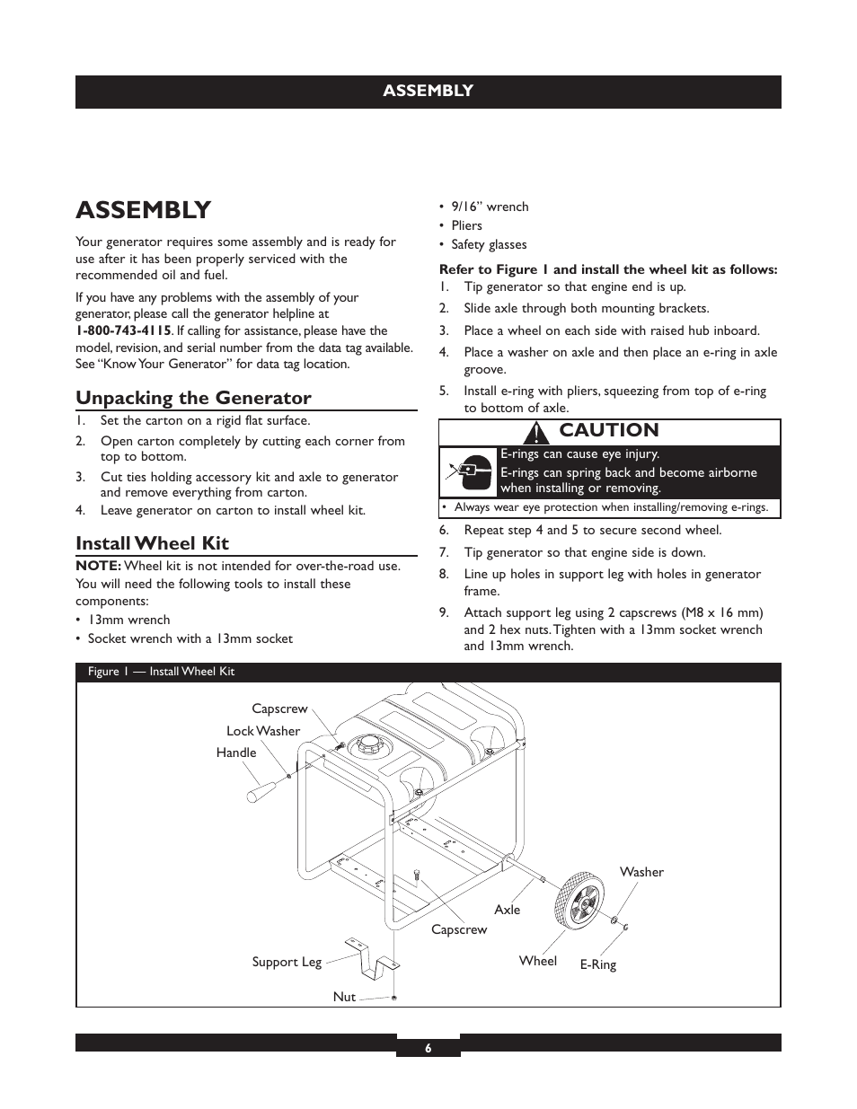 Assembly, Unpacking the generator, Install wheel kit | Caution | Briggs & Stratton 030320 User Manual | Page 6 / 44