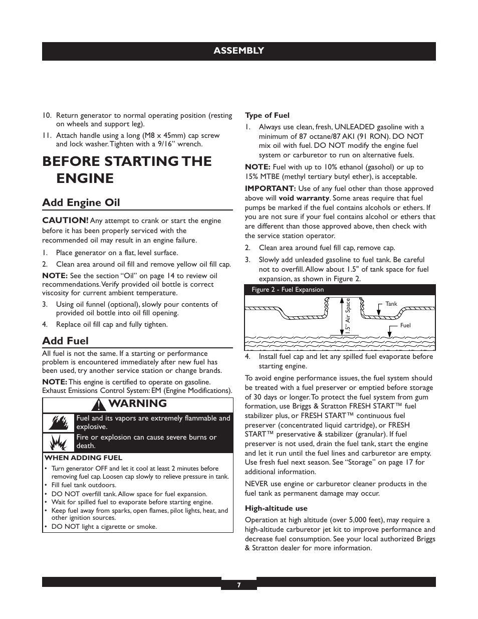 Before starting the engine, Add engine oil, Add fuel | Warning | Briggs & Stratton 030320 User Manual | Page 7 / 44