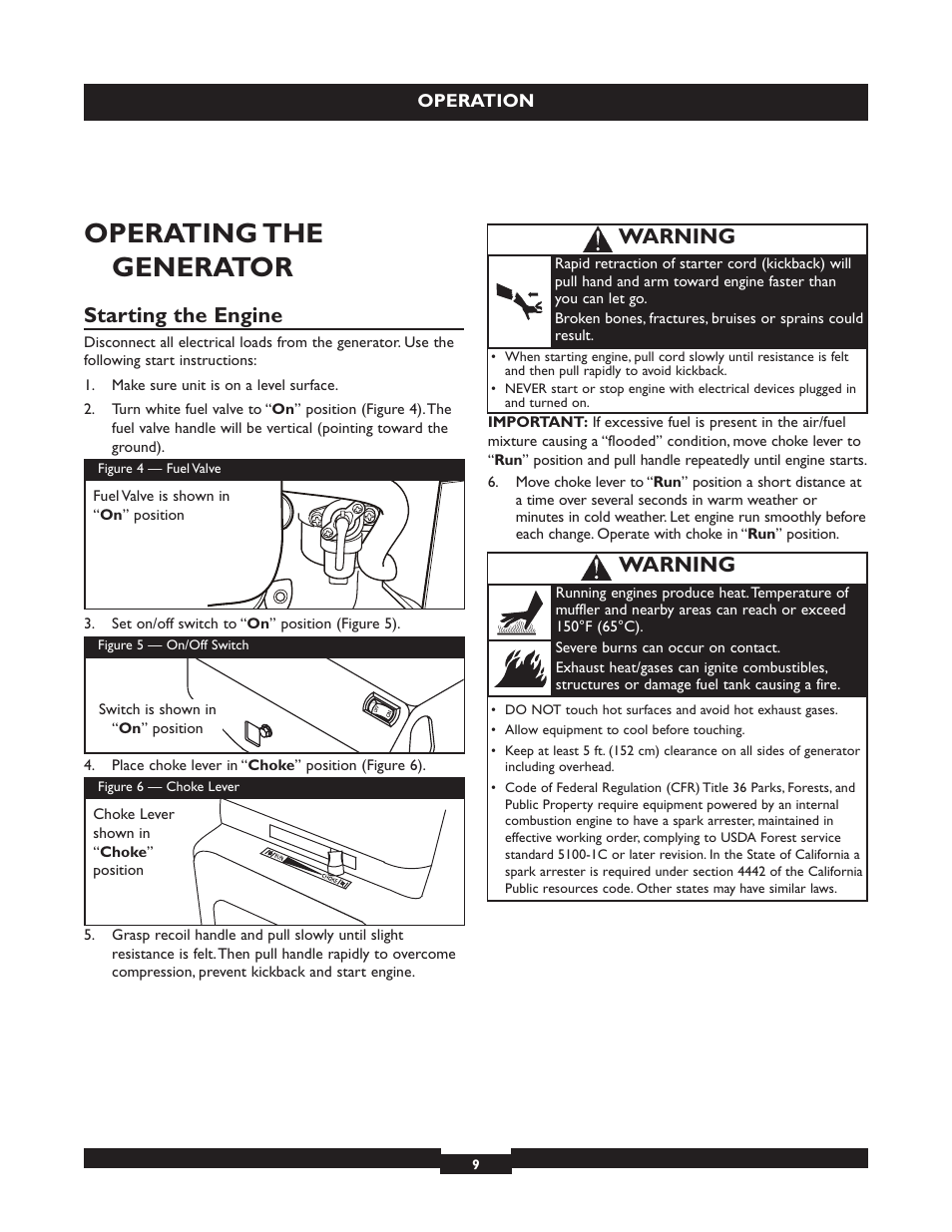 Operating the generator, Starting the engine, Warning | Briggs & Stratton 030320 User Manual | Page 9 / 44