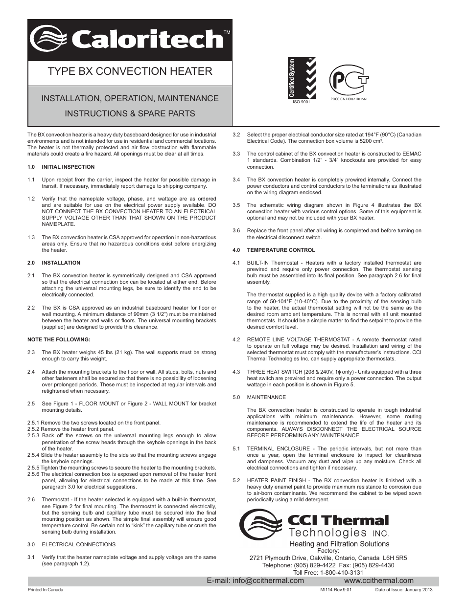 CCI Thermal Technologies BX - Heavy-Duty Convection Heater User Manual | 4 pages