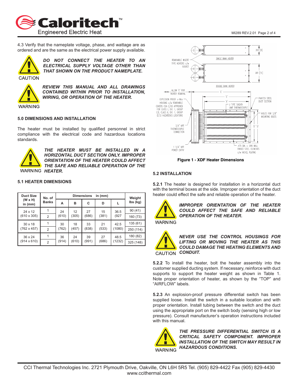CCI Thermal Technologies CPXD - Control Panel for XDF Duct Heater User Manual | Page 2 / 5