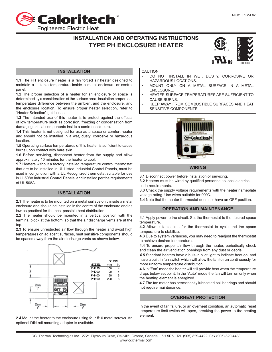 CCI Thermal Technologies PH - Fan-Forced Enclosure Heater User Manual | 2 pages