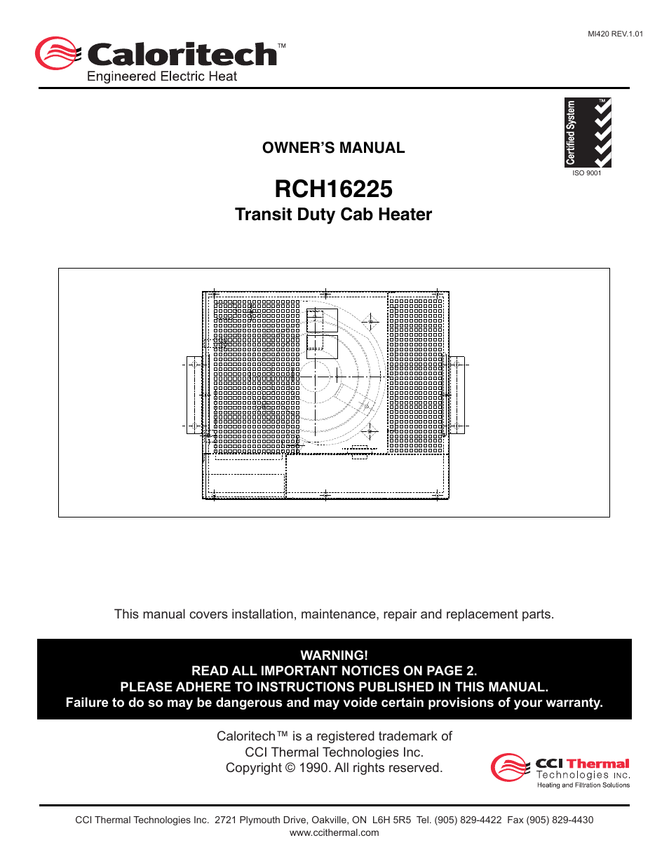 CCI Thermal Technologies RCH1 - Fan-Forced Electric Calvan Cab Heater User Manual | 7 pages