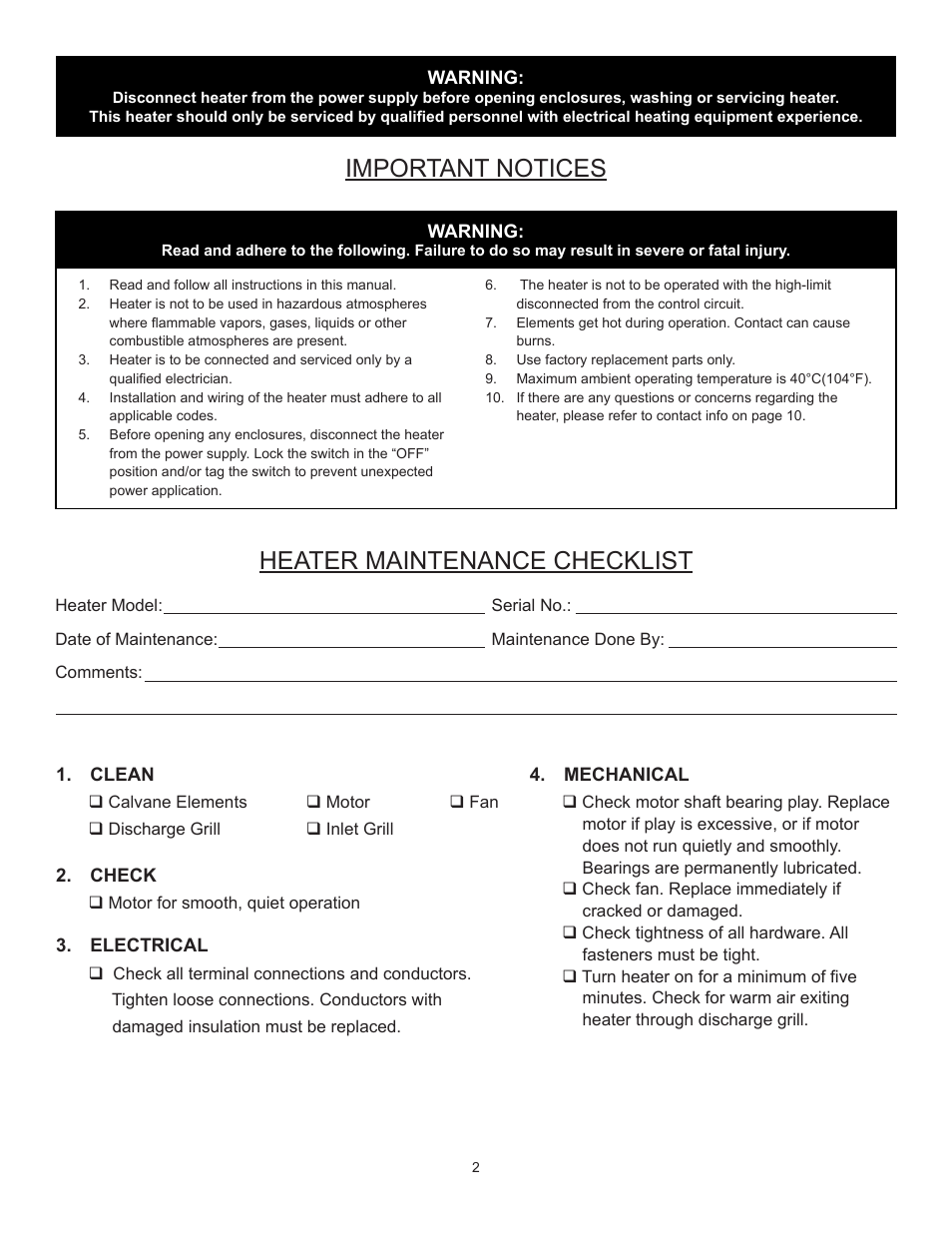 Important notices, Heater maintenance checklist | CCI Thermal Technologies RCH1 - Fan-Forced Electric Calvan Cab Heater User Manual | Page 2 / 7