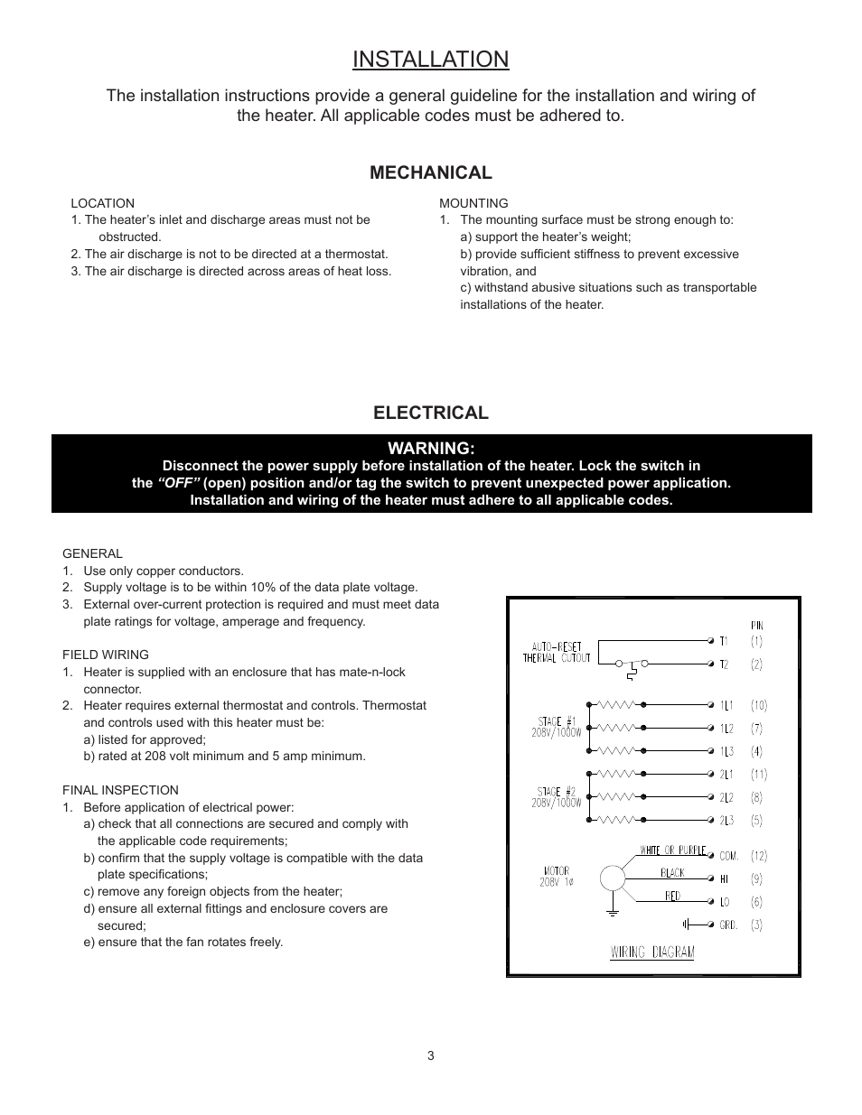 Installation, Mechanical, Electrical | Heaters must be installed as follows: location, Mounting, Warning, General, Field wiring, Final inspection | CCI Thermal Technologies RCH1 - Fan-Forced Electric Calvan Cab Heater User Manual | Page 3 / 7