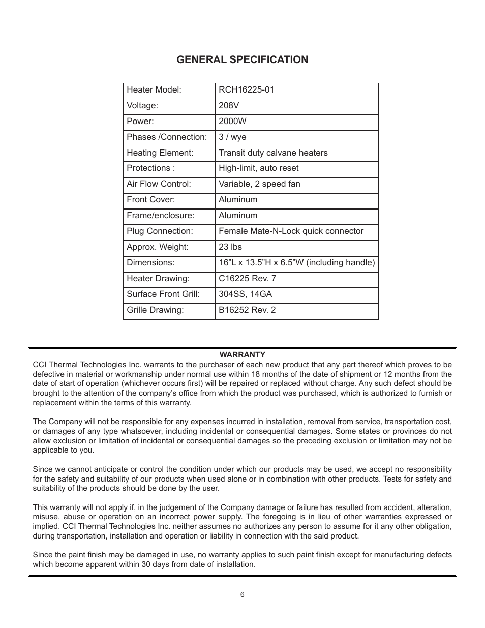 General specification | CCI Thermal Technologies RCH1 - Fan-Forced Electric Calvan Cab Heater User Manual | Page 6 / 7