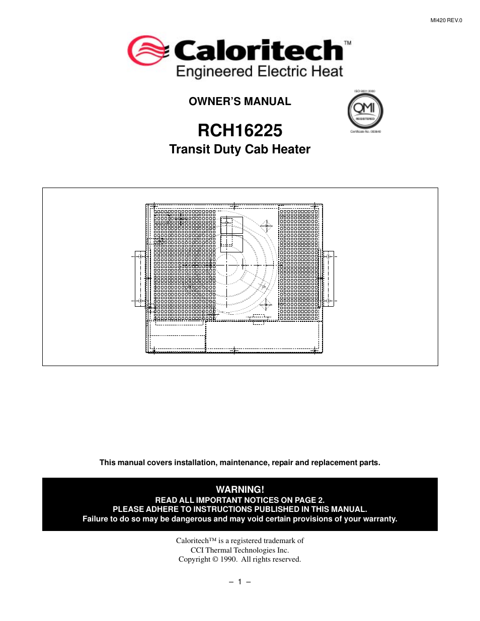 CCI Thermal Technologies RCH2 - Fan-Forced Electric Open Coil Cab Heater User Manual | 6 pages