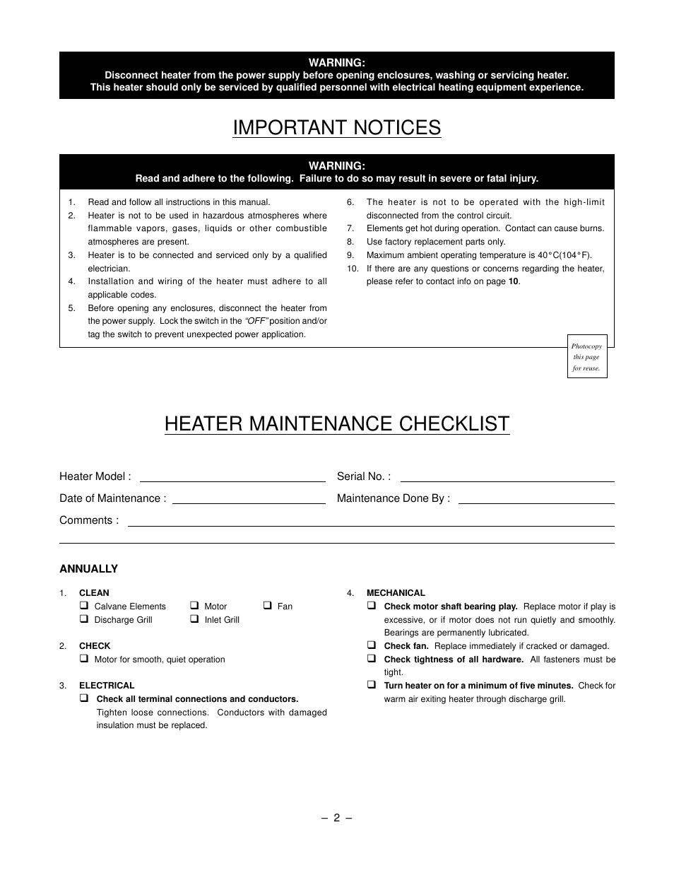 Important notices, Heater maintenance checklist | CCI Thermal Technologies RCH2 - Fan-Forced Electric Open Coil Cab Heater User Manual | Page 2 / 6