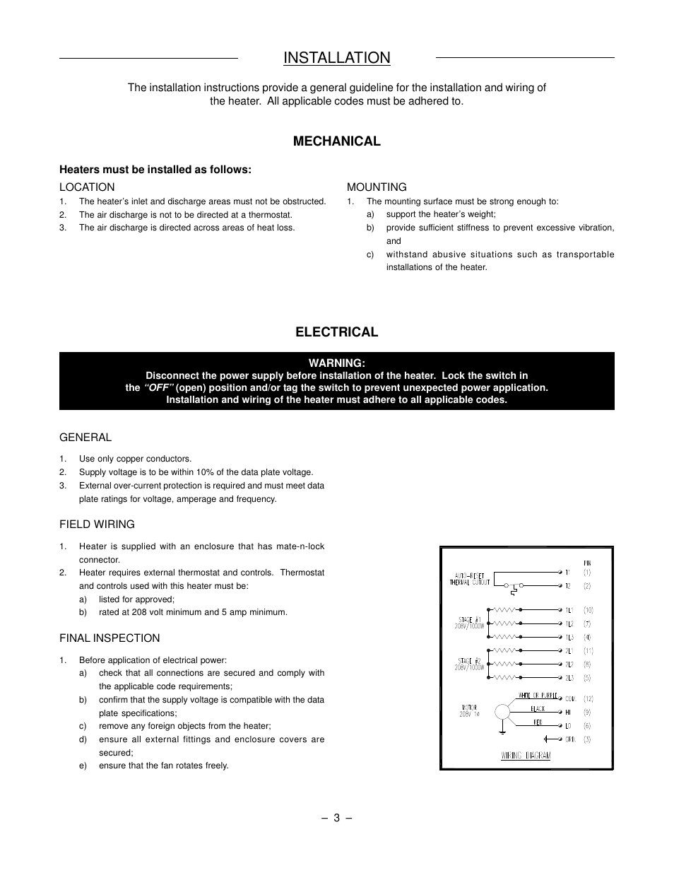 Installation, Mechanical, Electrical | CCI Thermal Technologies RCH2 - Fan-Forced Electric Open Coil Cab Heater User Manual | Page 3 / 6