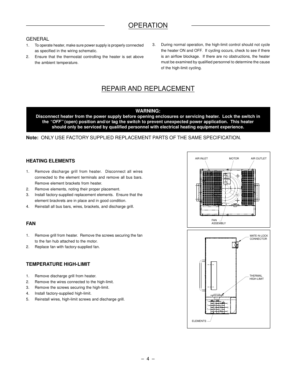Operation repair and replacement | CCI Thermal Technologies RCH2 - Fan-Forced Electric Open Coil Cab Heater User Manual | Page 4 / 6